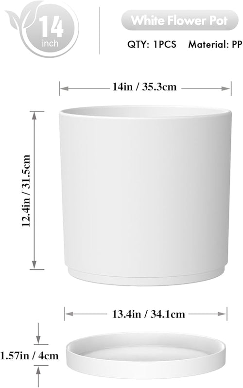 14 Inch Heavy-Duty Cylinder Deep Planter for Indoor Outdoor Plants, Tall Large Plastic Plant Pot with Drainage Holes and Saucer, Decorative Flower Pot for Patio Garden, White