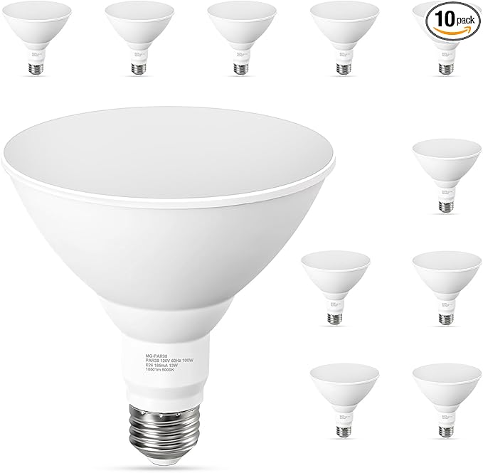 10 Pack PAR38 LED Flood Light Bulbs Outdoor, 100W Equivalent, Daylight White 5000K, 1050LM, 13W Dimmable, Waterproof LED Floodlight for Porch Yard Garage, E26 Base, 15,000 Hrs
