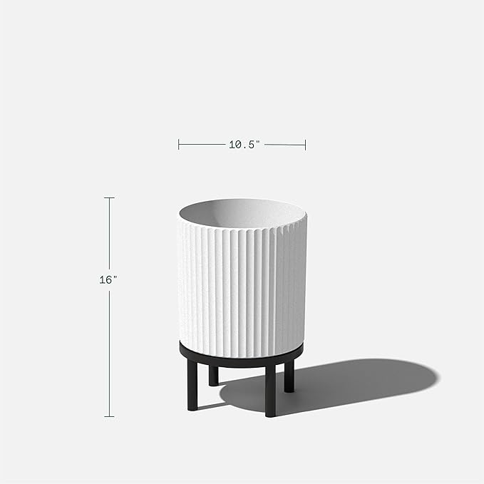 Veradek Demi Series Round Planter w/Stand for Porch/Patio | Durable Plastic-Stone Composite & Wooden Stand | Modern Décor for Tall Plants, Flowers