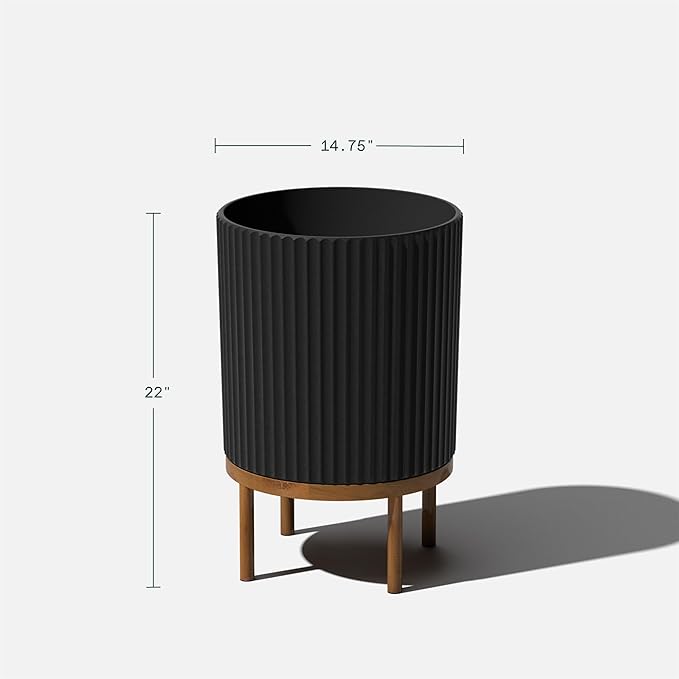 Veradek Demi Series Round Planter w/ Stand for Porch/Patio | Durable Plastic-Concrete & Wooden Stand | Modern Décor for Tall Plants, Flowers