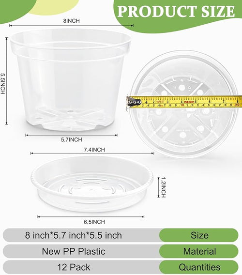 12 Pack 8 Inch Clear Plant Pots with Saucers, Transparent Plastic Nursery Pots with Drainage Hole, Sturdy Garden Planter Pots, Planting Starter Pots for Indoor Outdoor