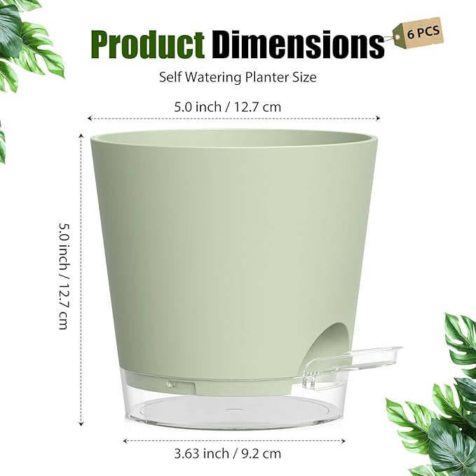Plant Pots 5 Inch Self Watering Pots,6 Pack Plastic Planters with Drainage Holes and Clear Saucers,Plastic Flower Pots,Nursery Planting Pot for Indoor Out Door Plants (Green)