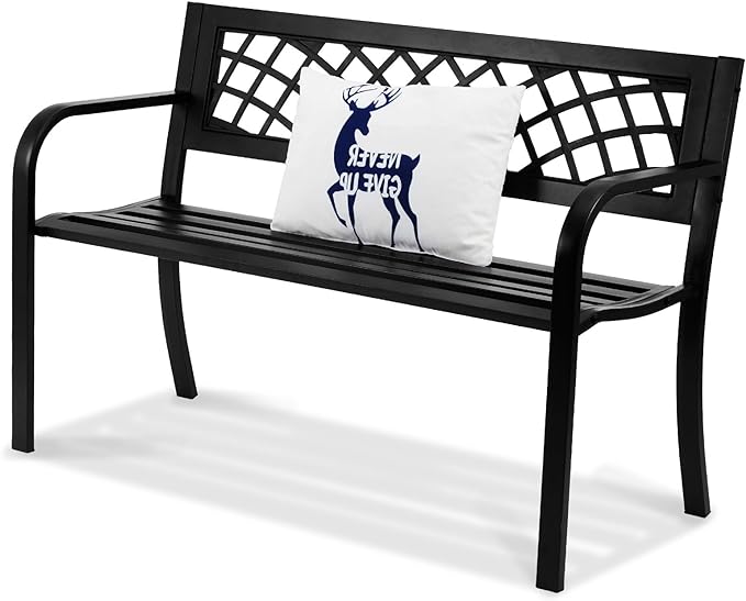 VEVOR Outdoor Bench, 46" Iron Steel Frame Garden Park Bench with Mesh Pattern and Plastic Backrest Armrests, Patio Bench for Garden, Park, Yard, Front Porch
