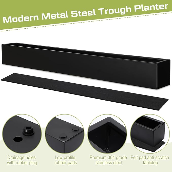 32 x 3.5 x 3.5 Inch Long Rectangular Planter Box Window Sill Plant Box Metal Water Trough Indoor Large Modern Steel with Drainage Holes Herb Garden Home(Black)
