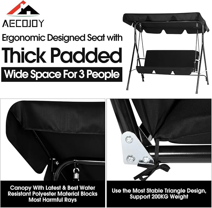 AECOJOY Porch Swing with Stand, Outdoor Swings for Adults, 3-Seat Outdoor Swing with Canopy, Outside Swing Bench with Removable Cushion, Suitable for Backyard, Garden, Yard, Poolside, Balcony (Black)
