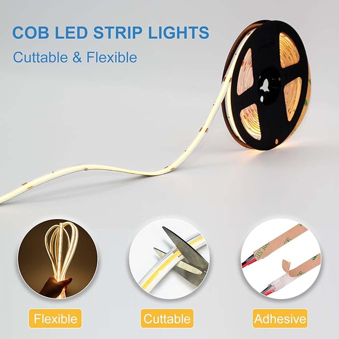 COB LED Strip Lights Waterproof IP67 DC24v Warm White 3000K 16.4ft/5m High CRI 92Ra+ Outdoor LED Tape Lighting DIY Cuttable for Bedroom Kitchen Cabinet Shelf (Power Supply Not Included)