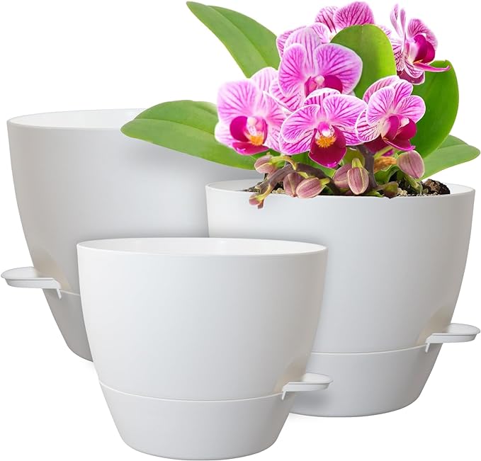 10/9/8 inch Medium Self Watering Pots, Plant Pots with Mesh Drainage Holes for Indoor Outdoor Garden Plants, Flower Pots with Removable Reservoir, Set of 3 Plastic Planters, White