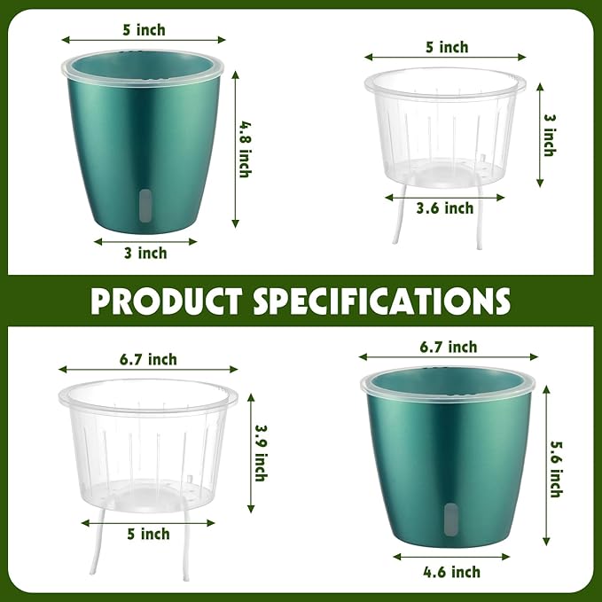 Self-Watering Pots for Indoor Plants, 4-Pack 6.7'' Self Watering Planter with Drainage Holes, Small African Violet Pots with Water Indicator, Orchid Pot, White/Grey/Blue/Rose Gold