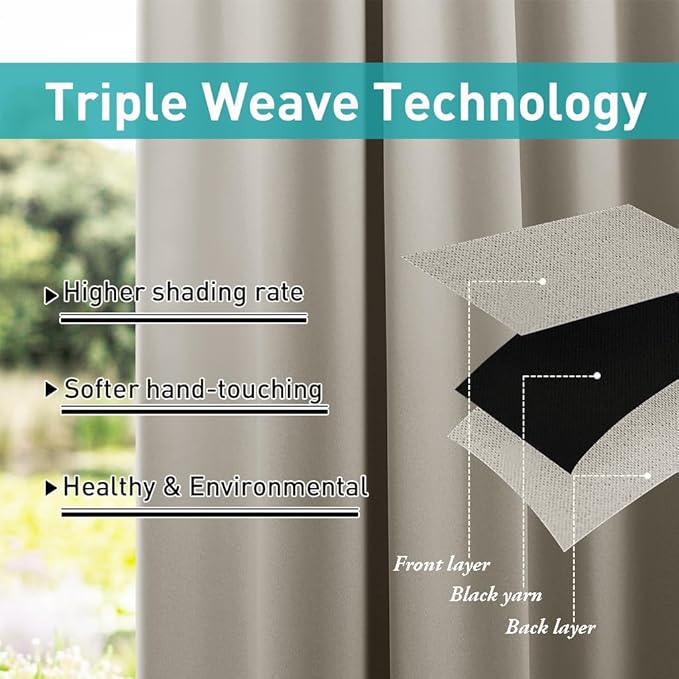 NICETOWN 2 Panels Natural Outdoor Patio Curtainss Waterproof, Detachable Sticky Tab Top Thermal Insulated Privacy Indoor Outdoor Drapes Cold & Heat Block Room Darkening for Pergola, W52 x L95