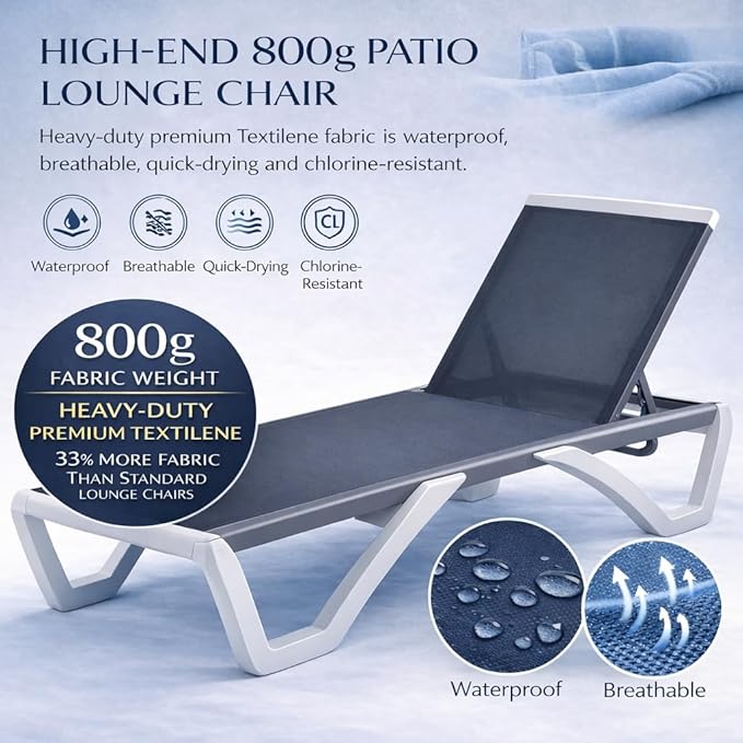 Kozyard Outdoor Chaise Lounge Chair, Full Flat Adjustable Patio Lounger with Aluminum Frame & Resin Legs, Textilene Fabric for Poolside, Backyard & Beach (Gray Without Table)