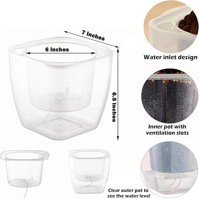6-Pack 7 Inches Clear Self Watering Planters for Indoor Plants Large African Violet Plant Pots Plastic Wick Flower Pots with Water Injection Hole, Orchid Plant Pot Set, Clear