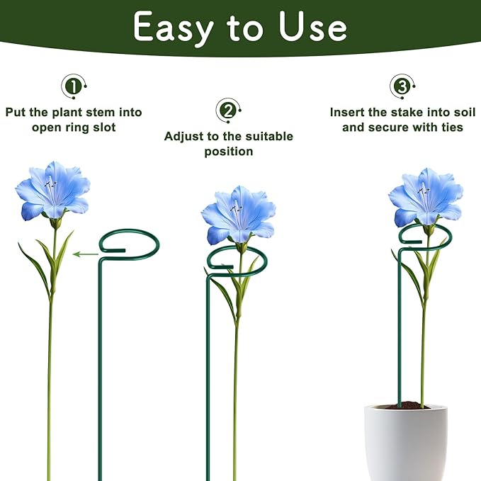 FEED GARDEN 24 Inch 12 Pack Plant Support Stakes, Metal Garden Flower Stakes and Supports for Outdoor Plants, Plant Stem Support with 24 Twist Ties for Amaryllis Lily Rose Peony Tomatoes Gladiolus