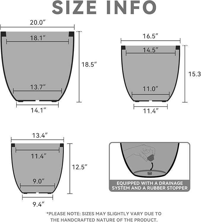 Kante 20",16.5",13.4" Dia Round Concrete Planters (Set of 3), Outdoor Indoor Modern Decorative Plant Pots with Drainage Hole & Rubber Plug for Home & Garden, Natural Concrete