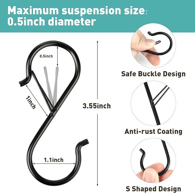 150 Pcs S Hooks for Hanging Heavy Duty, 3.5-inch Heavy Duty Metal S Hook with Safety Buckle, Suitable for 0.5 inch Rods, S Hook for Hanging Plants, Closet, Kitchen Utensil, Pot, Pan, Bags