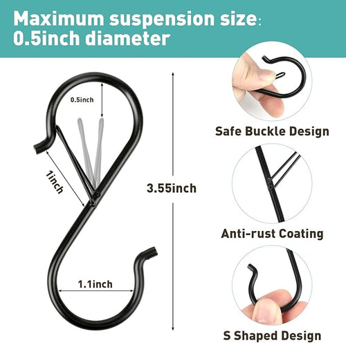 100 Pcs S Hooks for Hanging Heavy Duty, 3.5-inch Heavy Duty Metal S Hook with Safety Buckle, Suitable for 0.5 inch Rods, S Hook for Hanging Plants, Closet, Kitchen Utensil, Pot, Pan, Bags