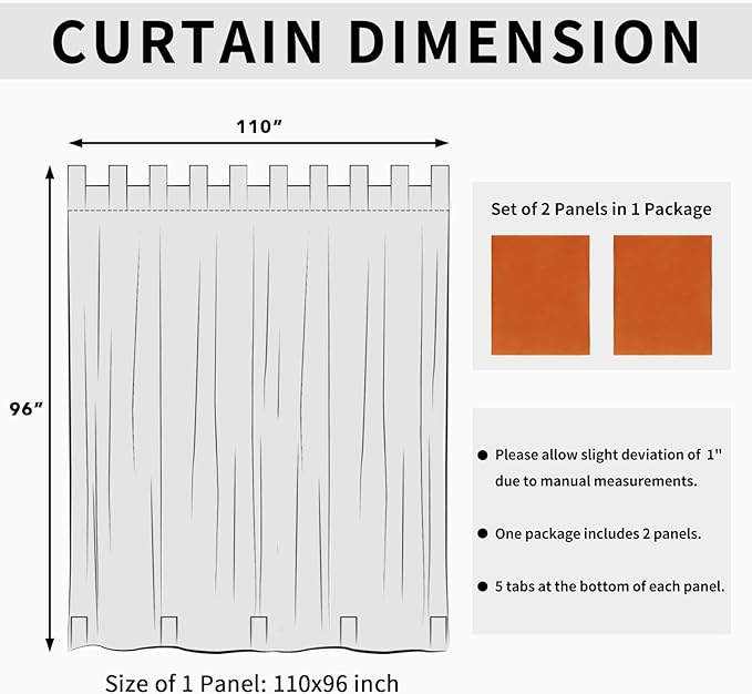 Easy-Going Outdoor Patio Curtains Detachable Tab Top Windproof Weatherproof Curtain for Cabana, Porch, Pergola and Gazebo, Tab Bottom Drape, 2 Panels, 110W x 96L inch, Orange