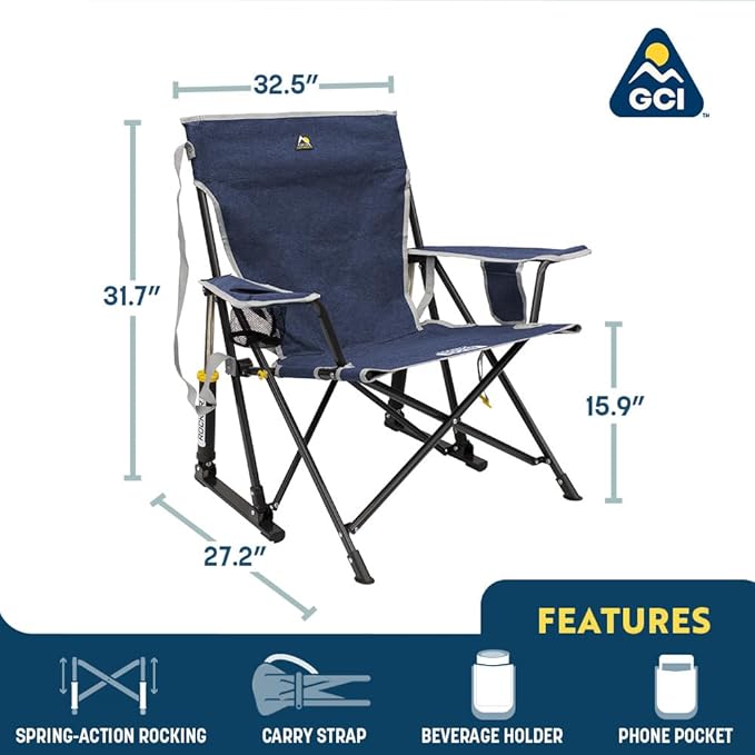 GCI Outdoor Kickback Rocker Camping Chair | Portable Folding Rocking Chair with Durable Armrests, Drink Holder & Relaxed Lowered Seat for Comfort — Heathered Royal