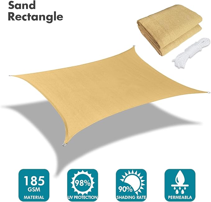 KANAGAWA 20'X22' Sand Custom Size Sun Shade Sail Rectangle UV Block Canopy Cover for Patio Backyard Lawn Garden Outdoor (Customized Available)