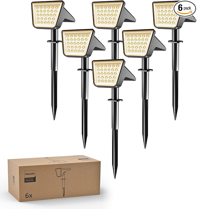 Philips 6 Packs Solar Spot Lights Outdoor Waterproof, 28 LED 3000K Solar Powered Landscape Pathway Lights, Dusk to Dawn Solar Spotlights for Garden, Yard, Lawn, Walkway, Driveway