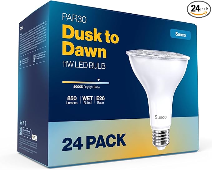 Sunco 24 Pack LED PAR30 Dusk to Dawn Light Bulb for Outside Porch, Patio, Backyard, 11W=75W, 850 LM, 5000K Daylight , Non-Dimmable, Photocell Sensor, UL