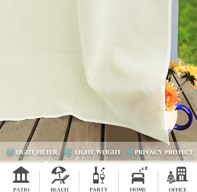 RYB HOME 2 Panels Outdoor Curtains for Patio - Linen Look Semi-Sheer Curtains for Patio Waterproof, Indoor Outdoor Drapes for Gazebo Pergola Balcony Pool Spa, Wide 54 x Long 84, Light Beige