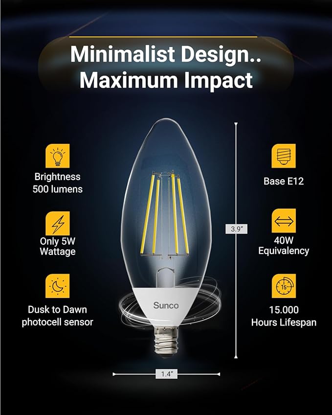 Sunco 6 Pack Dusk to Dawn Light Bulbs LED Outdoor B11, Edison Filament Candelabra Bulbs for Porch Lighting, 500 LM, 5W (40W Equivalent), 2700K Soft White, E12 Base, Photocell Sensor UL