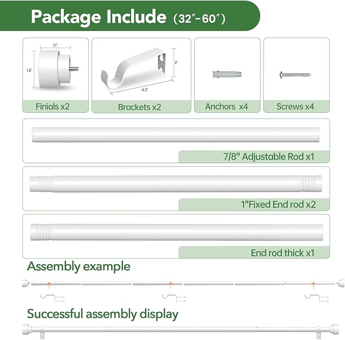Curtain Rods for Windows 28 to 48, 1 Inch Adjustable White Heavy Duty Curtain Rod, Modern Style Indoor Outdoor Drapery Rods with End Caps, Size 32" - 60"