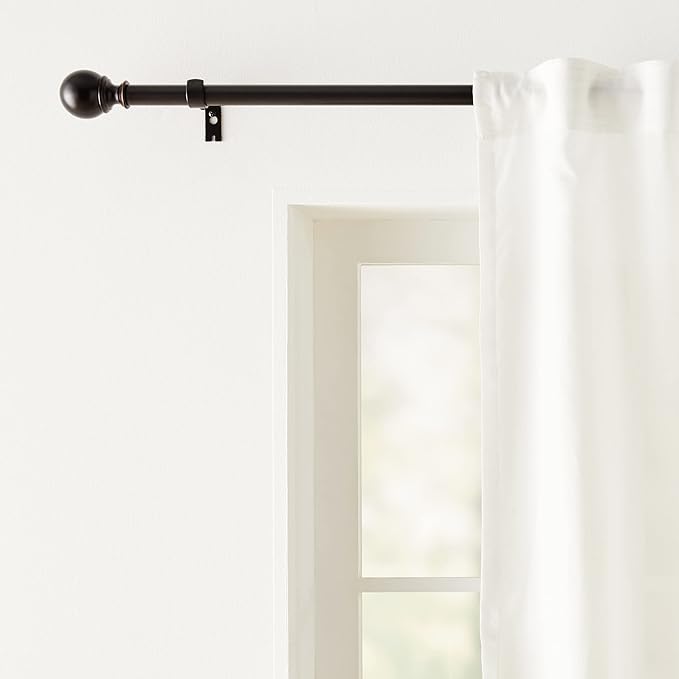 Amazon Basics Adjustable Sturdy Curtain Rod for Windows with Round Finials, Easy Install Hardware, 1-Inch Rod, 72" to 144", Dark Bronze, 1-Pack