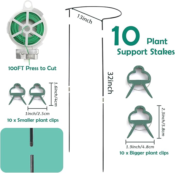 32 inch Plant Support Stakes, 10 Pack Half Round Metal Garden Plant Stake Heavy-Duty Plant Support Ring and Cage with Plant Clip & Twist Tie for Indoor and Outdoor Plants, Vegetable, Flowers
