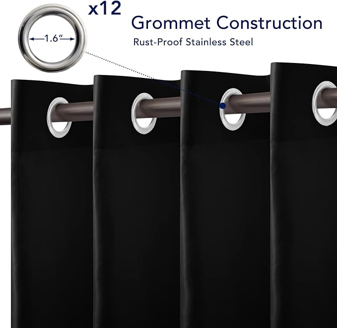 PureFit Outdoor Curtains for Patio Waterproof Weatherproof, UV Resistant Outside Curtains for Gazebo, Front Porch, Pergola, Sun Blocking Privacy Curtain, 100W x 95L inch, 1 Panel, Black