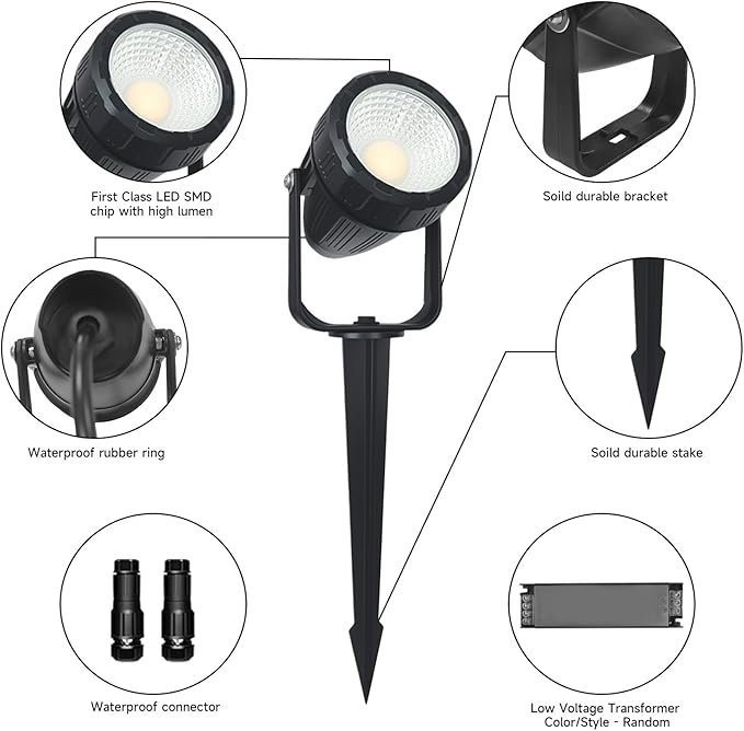 Low Voltage Safety Landscape Lights Outdoor: 7W 840LM LED Landscape Lighting with Connectors & Transformer for Tree Garden Yard Pathway | 24V Warm Yellow 3000K Spotlights | IP65 Waterproof | 6 Pack