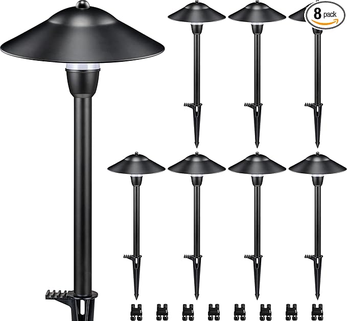 SUNVIE Low Voltage Pathway Lights Wired Path Light Outdoor 3W 12-24V 3000K Waterproof Aluminum LED Landscape Lights with Connector for Garden Walkway Yard - ETL Listed Cord, 8 Pack
