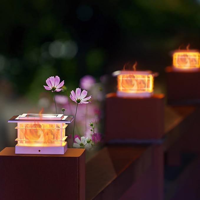 Dynaming 8 Pack Solar Post Cap Lights Outdoor with Flickering Flame Light, White Shell Fence Post Solar Lights Fit 4x4 5x5 Vinyl/Wooden Posts, Brightness LED Lighting Decor for Garden Deck Patio