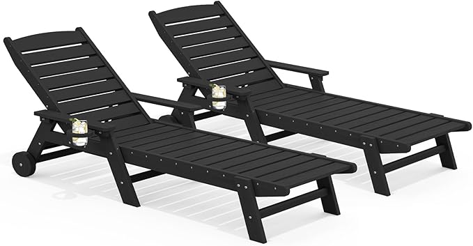 SERWALL Patio Chaise Lounge Chair Set of 2, 78'' Long 5-Positions Adjustable HDPE Outdoor Lounger for Pool, Poly Lounge Chair with Rolling Wheels & Cup Holder for Poolside, Deck, Black