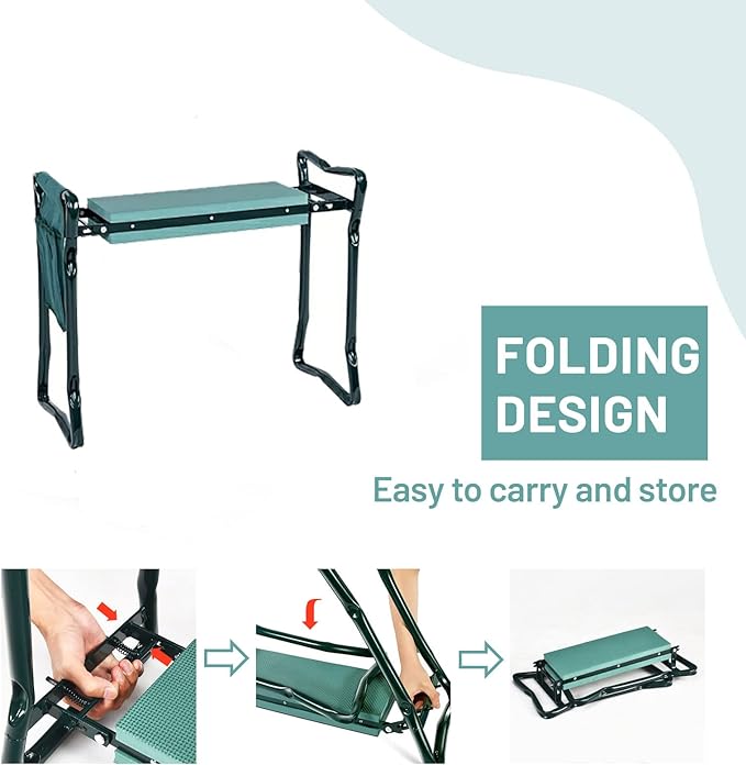 2-in-1 Garden Kneeler & Seat, Folding Seat w/EVA Foam Kneeling Pad & Removable Tools Pouch, Sturdy Steel Frame, No Assembly, Portable Heavy Duty Garden Stool for Women & Men