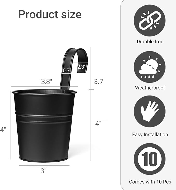 Dahey 5 Pcs Hanging Flower Pots 4 Inches Metal Iron Bucket Outdoor Planter for Railing Fence Balcony Garden Home Decoration Flower Holders with Detachable Hooks, Black