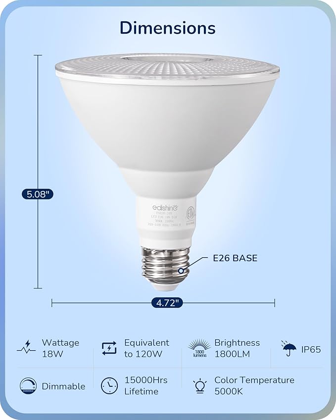 EDISHINE PAR38 Flood Lights Outdoor Bulb, Dimmable LED Flood Light Bulbs, 1800LM, 18W Equivalent 120W, Weatherproof LED Light Bulb for Backyard, Garage, Porch, Garden, 5000K Daylight, E26, 4 Pack