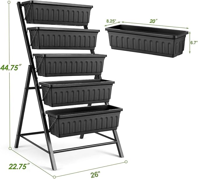 SEJOV 4FT Vertical Raised Garden Bed, 5 Tiers Elevated Planter Box for Herbs Vegetables Flowers, Graden Vertical Planter with Drainage System for Patio Balcony Garden Outdoor Indoor Plants (Black)