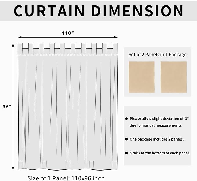 Easy-Going Outdoor Patio Curtains Detachable Tab Top Windproof Weatherproof Curtain for Cabana, Porch, Pergola and Gazebo, Tab Bottom Drape, 2 Panels, 110W x 96L inch, Beige