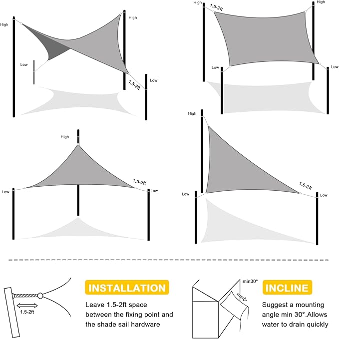 Artpuch Waterproof Sun Shade Sail, 14'x14' Light Grey Rectangular, UV Resistant Rain Canopy, Curved Edges Shade Cloth for Outdoor Patio, Deck, Yard (Custom