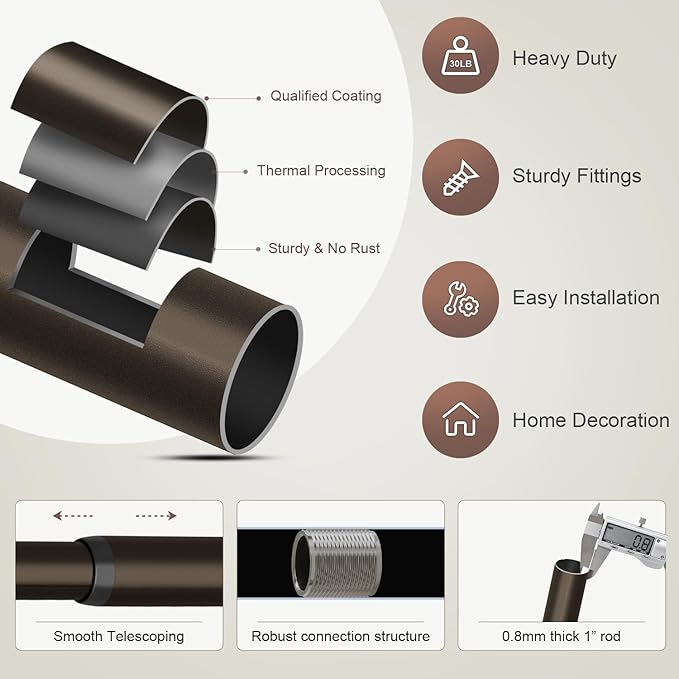 2 Pack Modern Antique Brown Bronze Curtain Rods for Windows 66 to 120 Inches Adjustable Heavy Duty 1" Diameter Window Rod with Decorative Finials for Outdoor Farmhouse Bedroom Kitchen Living Room