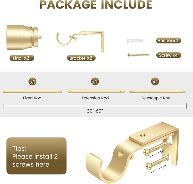 1” Diameter Gold Curtain Rod Itself is 30-60 inch 1 Pack, Fit 30 to 54 Windows with Heavy Duty Adjustable Telescopic Rod，Splicing Metal Extra Long Curtain Rod for Windows Sliding Glass Door