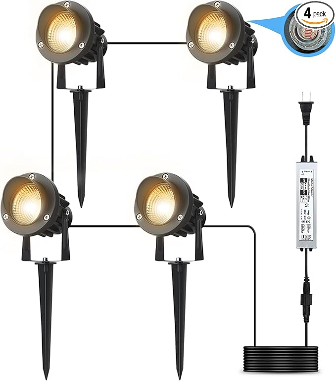 20W Dusk to Dawn led Light Spotlights Outdoor, Low Voltage Warm White Outdoor Spot Lights with Transformer Uplights Waterproof IP65 for Tree Yard Patio Gate Flags Garden 4 Pack