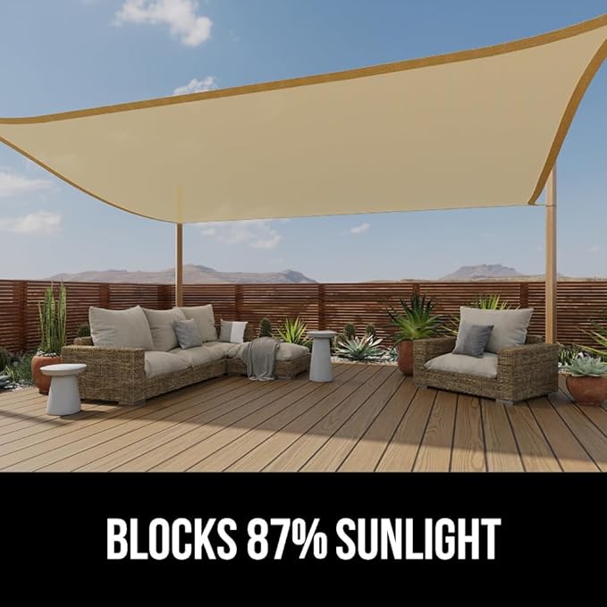GORILLA GRIP Heavy Duty Sun Shade, UV Protection Fade Tear and Rust Resistant Rectangle Sunshade Canopy, Curved Edges Blocks Sunlight, Breathable Sail, Outdoor Patio, Lawn Garden 10x10 FT Sand