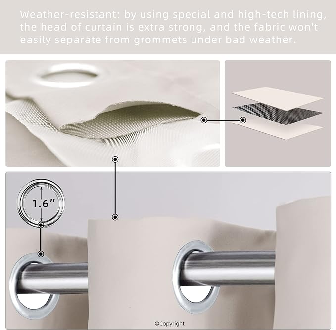 Waterproof Outdoor Curtain W84 x L84 - Grommet Top Sunlight Blocking Window Treatment Drapes Blackout Curtains for Home Bedroom Living Room Outdoor Patio Porch Gazebo (Cream, 2 Panels)
