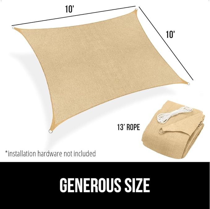 GORILLA GRIP Heavy Duty Sun Shade, UV Protection Fade Tear and Rust Resistant Rectangle Sunshade Canopy, Curved Edges Blocks Sunlight, Breathable Sail, Outdoor Patio, Lawn Garden 10x10 FT Sand
