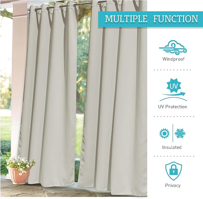 RYB HOME Outdoor Curtains for Patio Waterproof Block Sunlight Thermal Insulated Privacy Assured Thick Outside Curtains for Pergola, Deck, Gazebo, W52 x L90, Natural, 1 Panel
