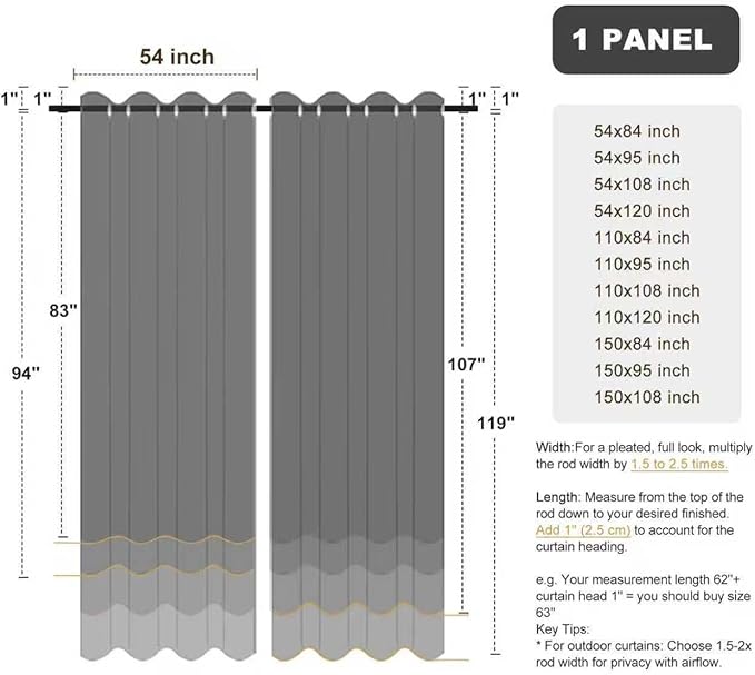 BONZER Waterproof Outdoor Curtains for Patio Porch Pergola Cabana Thick Privacy Extra Wide Grommet Indoor Curtains for Bedroom Living Room, 1 Panel, 150W x 108L inch, Grey