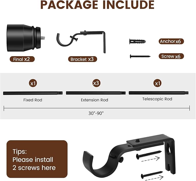 1” Diameter Matte Black Curtain Rods Itself is 30 to 90 inch, 1 Pack Fit 30-84 inch Windows with Heavy Duty Adjustable Rod 1 Inch Diameter Splicing Metal Extra Long Curtain Rod