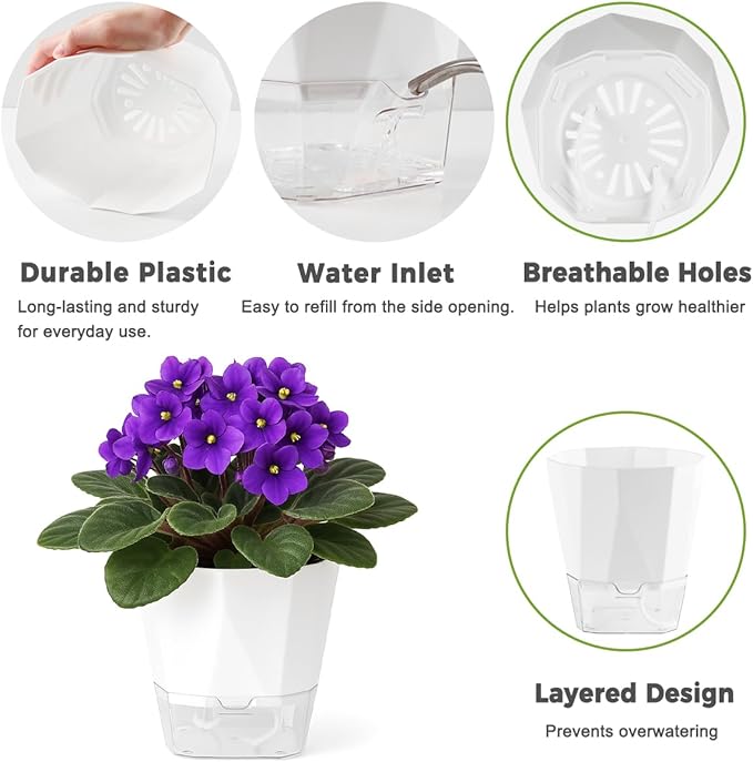 6 Pack Self Watering Plant Pots 6 Inches Self-Watering Planters for Indoor and Outdoor Plants African Violet Succulent Pots Clear Pot for Plants Large Herb Orchid Flower Houseplant Plant, White
